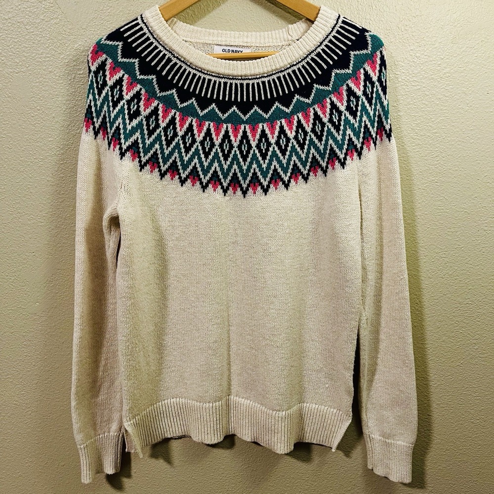 Old Navy Cotton Fair‎ Isle Sweater Nordic Beige Teal Pink Cabincore Size M Tall